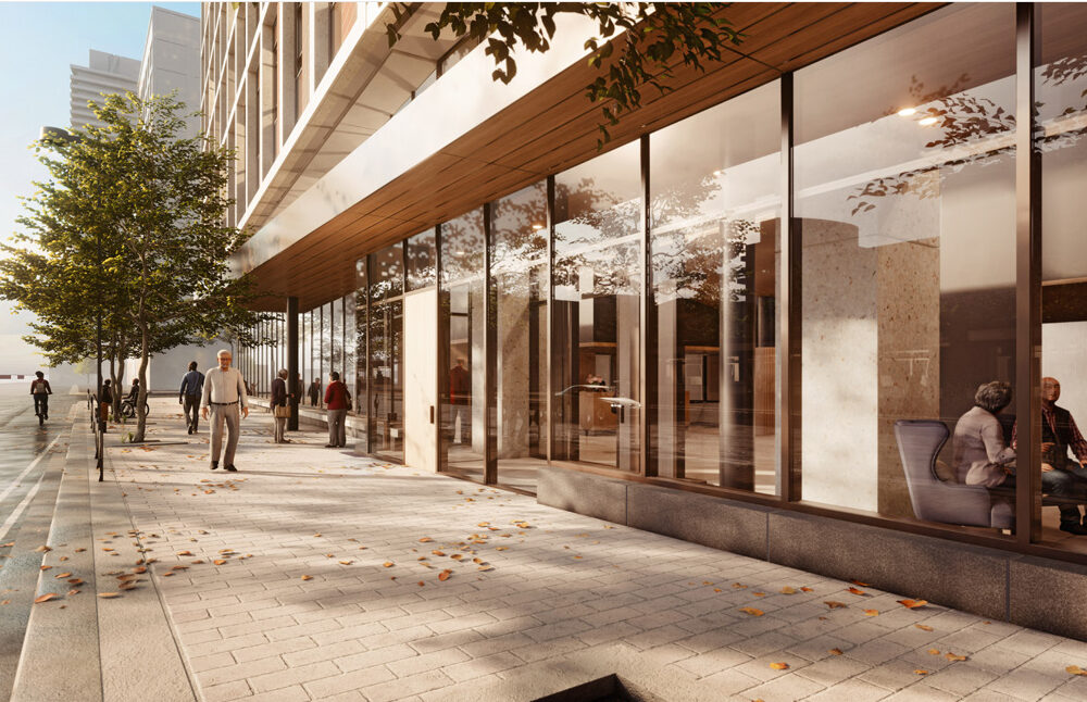 Rendering of The Rekai Centre at Cherry Place long-term care building with landscaped entrance in afternoon light.