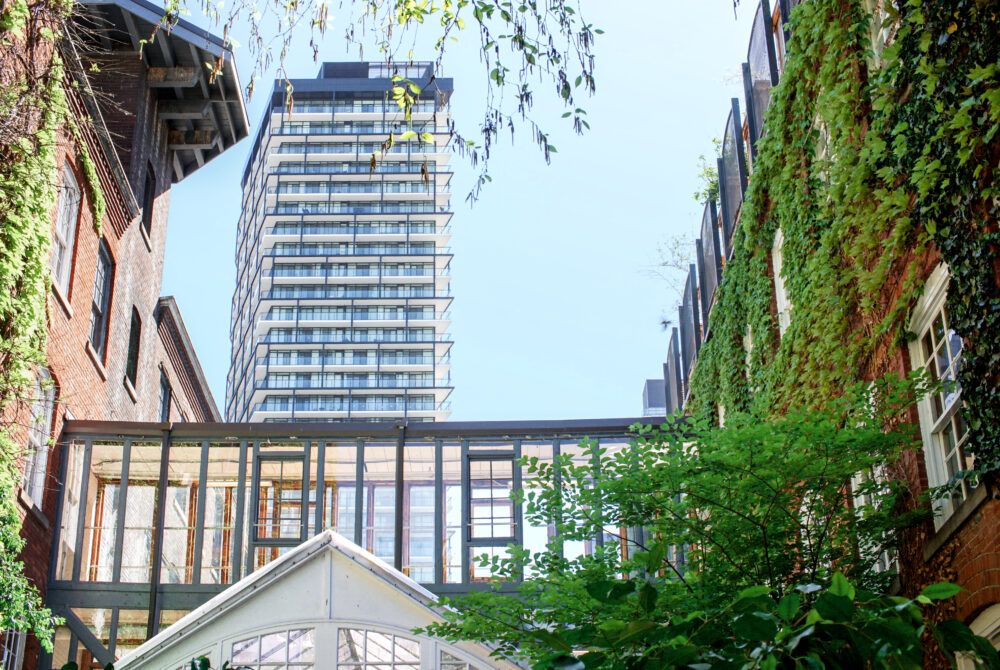 Urban residential setting with a contemporary high-rise rising behind older brick buildings, with greenery and a connecting walkway.